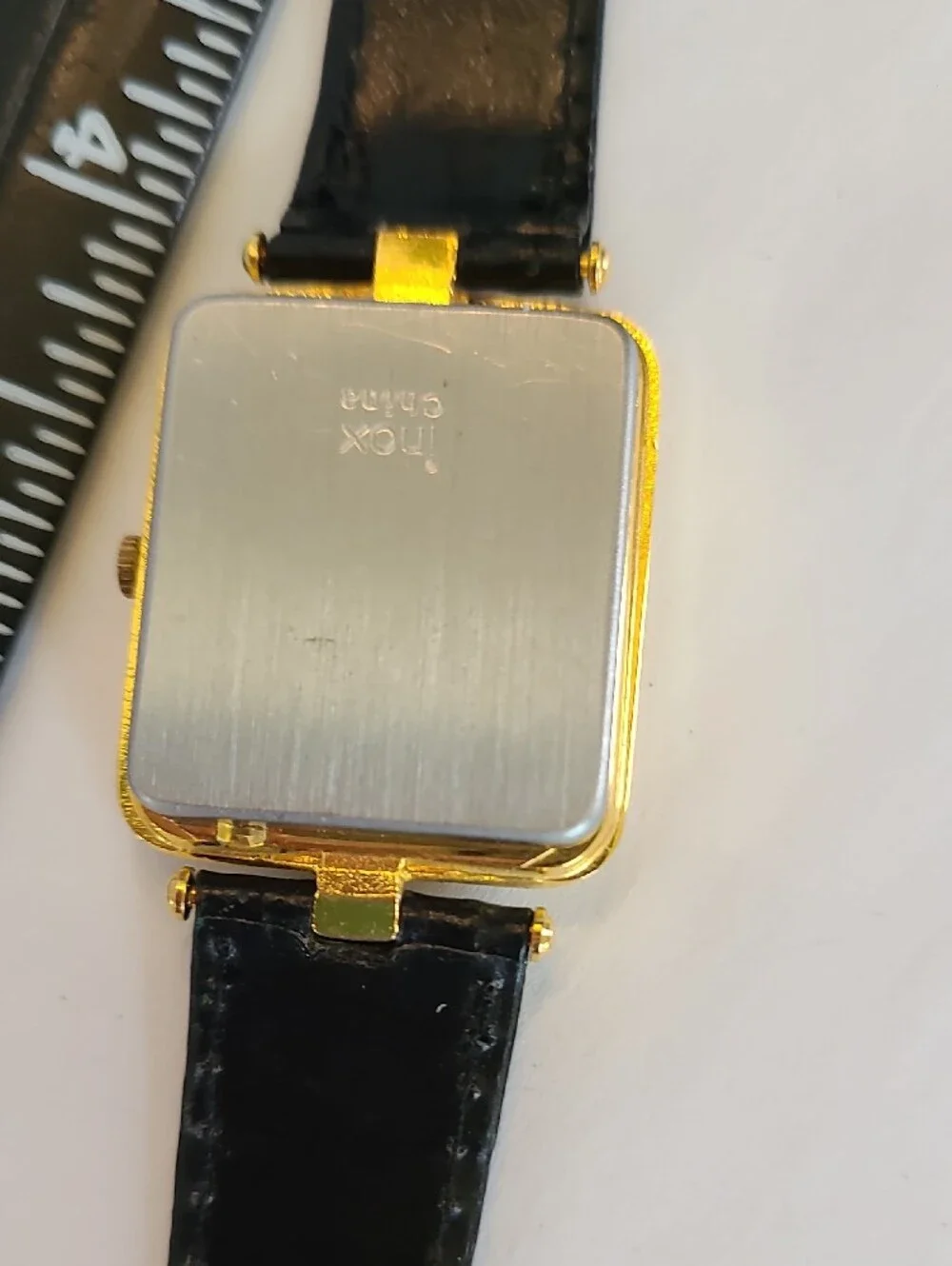 Rare LCD Display Gold-Tone Quartz Square Watch with Black Strap